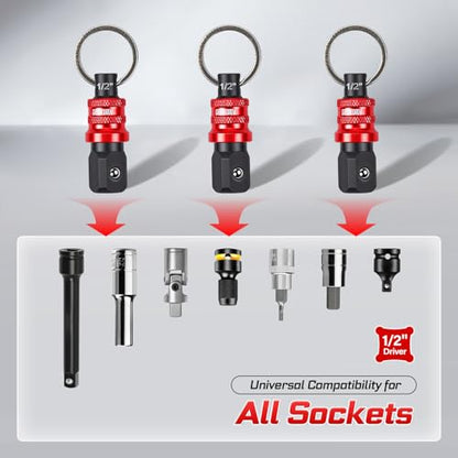 Geinxurn 3Pcs Socket Holder Keychain, 1/2” Drive Quick Release & Quick Change Socket Set Organizer for Socket Adapter Square Drive for Lineman, Electricians, Construction Crews Outdoor Work - style: B01K003-0102