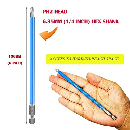 Impact Bit Set, 6pcs Magnetic Ph2 Phillips Long Screwdriver Bits with 1/4 inch Hex Shank-150mm (6 inch) Long for Narrow Space - color: Ph2-150mm(6 Pcs)