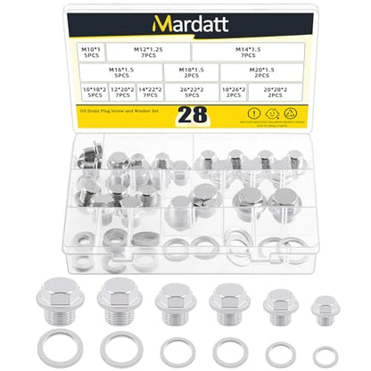 28 Sets Oil Drain Plug Assortment Kit, M10 M12 M14 M16 M18 M20 Steel Oil Drain Plugs with Aluminum Washer Gasket, Engine Oil Drain Plug Replacement Compatible with Honda, Hyundai, Toyota, Ford