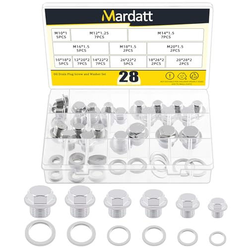 28 Sets Oil Drain Plug Assortment Kit, M10 M12 M14 M16 M18 M20 Steel Oil Drain Plugs with Aluminum Washer Gasket, Engine Oil Drain Plug Replacement Compatible with Honda, Hyundai, Toyota, Ford