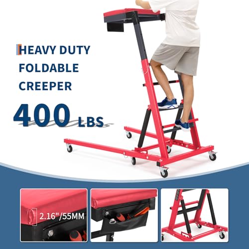 Topside Automotive Creeper,Engine Topside Creeper with Adjustable Height 48"-66", 400 Lbs Heavy-Duty Foldable Garage Creepers, 6 Swivel Casters, Padded Deck, Tool Pouch, for Truck/SUV Garage Mainten - color: red