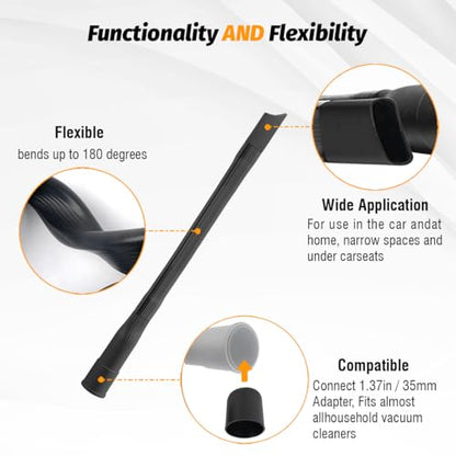 Universal 19" Flexible Crevice Tool & Brush Combo Vacuum Attachment for Car Detailing Dryer Lint Pet Hair, Fits 1-1/4" or 1-3/8 inch Connector Hoses Helps Clean Cobwebs on the ceiling Under Furniture