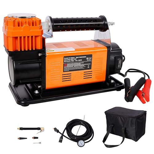12V Heavy Duty Air Compressor: 150 PSI Tire Inflator with Pressure Gauge & 26FT Hose - Fast Inflation Pump for SUV & Truck Tires on Road Trips & Emergency Use