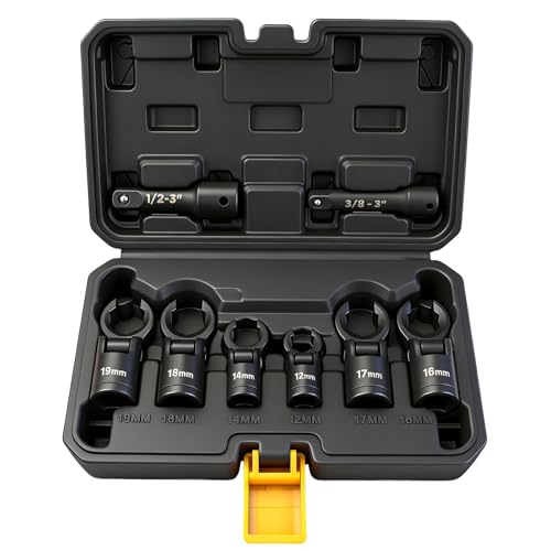 ELEAD 8-Piece Flex Head Crows Foot Wrench Set, Metric 12 14 16 17 18 19 mm with Extension Bar, 3/8" & 1/2" Drive Crowsfoot Line Wrenches Set, Access Fasteners in Tight Spaces - style: 8pcs Flex Head Crowsfoot Wrench Set
