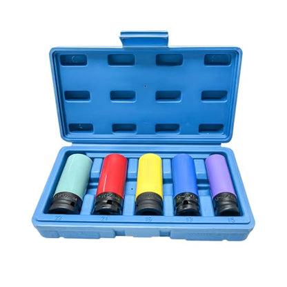 5 PCS 1/2 inch Drive Impact Lug Nut Socket Set, Metric 15 17 19 21 22 mm Wheel Rim Protectors with Plastic Sleeves, Non-Marring Lug Nut Thin Wall Deep Sockets for Tire Protection