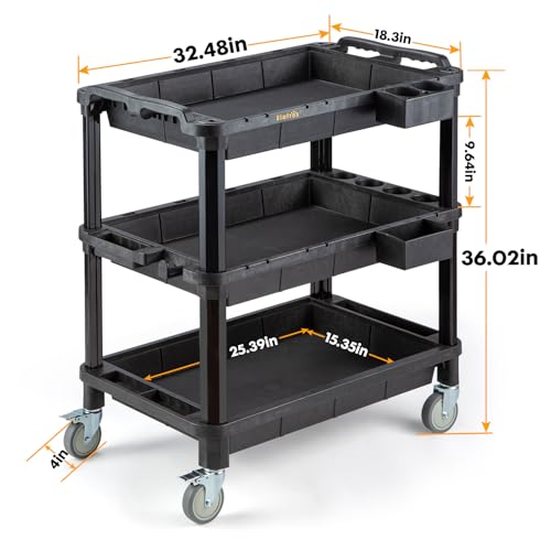 ELAFROS 3-Shelf Heavy Duty Rolling Utility Cart, 32.4 x 18.3 in | Multi-Use Service Tool Cart, 500 lbs Capacity, Deep Shelves, Industrial-Grade Plastic Cart, Mobile Work Organizer - style: Standard