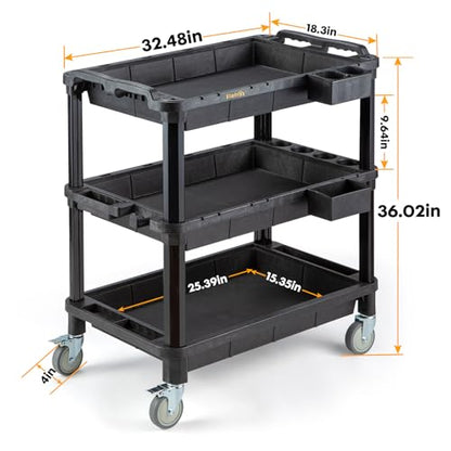 ELAFROS 3-Shelf Heavy Duty Rolling Utility Cart, 32.4 x 18.3 in | Multi-Use Service Tool Cart, 500 lbs Capacity, Deep Shelves, Industrial-Grade Plastic Cart, Mobile Work Organizer - style: Standard