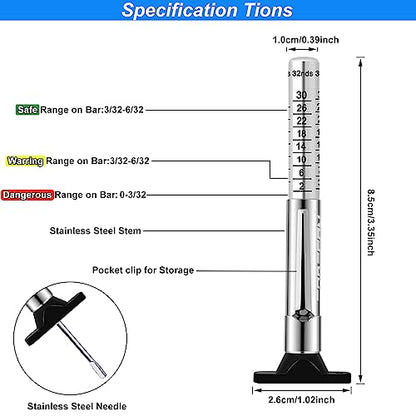 GODESON Tire Tread Depth Gauge,Metal Tread Depth Gauge with Clip,Tire Depth Gauge 32nds for car, Truck, Vehicle, Motocycler etc(Pack of 2) - color: silver