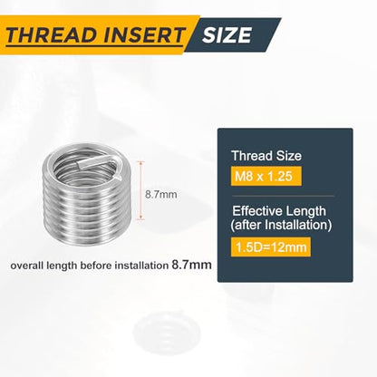HARFINGTON 20pcs Wire Thread Repair Inserts M8 x 1.25 x 1.5D (12mm) Metric 304H Stainless Steel Helical Coiled Wire Screw Threaded Sleeve Sheath for Automotive Repairs - size: M8 x 1.25 x 1.5D