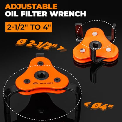 3-Jaw Adjustable Oil Filter Wrench Set | 2-1/8 to 4-1/2 inches (54-115mm), Universal Oil Filter Wrench, Quick Release Ratchet and Case, For Tight Spaces