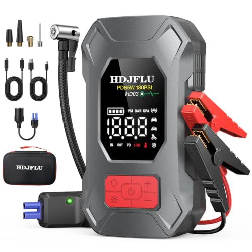 7500A Jump Starter with 180PSI Air Compressor, 24000mAh Car Battery Booster | Jump Starter Box for All Gas/10L Diesel, 65W PD Fast Charge Power Bank, Portable Tire Inflator, Jumper Cables, LED Light - color: Grey