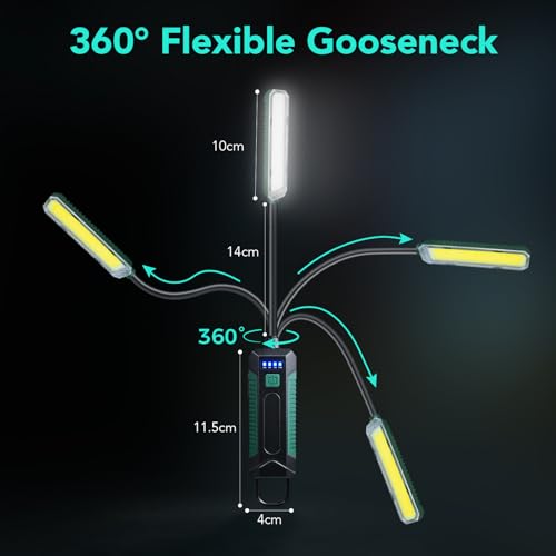 Rechargeable Magnetic Work Lights, COB Portable LED Work Light with 360° Flexible Gooseneck Design, Hook Work Flashlight for Lathe, Car Repair, Emergency, 4 Lighting Modes, USB C Cable, Pack of 1