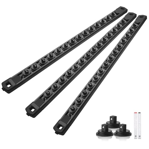 Reniteco Magnetic Socket Organizer Set, 3-Pack 1/4” Socket Rails | 42 Clips, Heavy-Duty Aluminum Alloy Rails, Removable 360° Swivel ABS Clips, Magnetic Base, Tool Box Drawer or Wall Mount - color: Black, size: 1/4-Inch Drive,3pc
