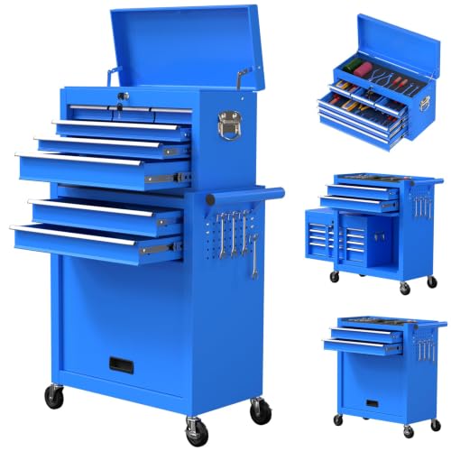 8-Drawer Tool Box with Wheels, Rolling Tool Storage Cabinet with Detachable Top Tool Chest and Locking Mechanism, Metal Tool Cart for Workshop Garage and Room Use (Blue) - color: Blue, size: 8-Drawer