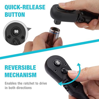 DURATECH 3-Piece Flex-Head Drive Ratchet Handle, 1/4", 3/8", 1/2" 90-Tooth Quick-Release Ratchet Wrench with 180° Pivoting Head & 7-Position Setting, Reversible, CR-V Made, Black Mn Phosphate Finish - size: Combo Kit(Black)