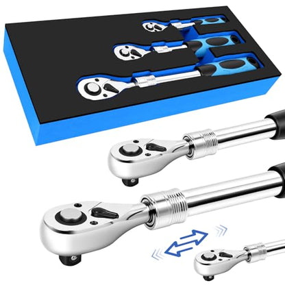 3-Piece Extendable Ratchet Set, 1/4" 3/8" 1/2" Drive 72-Tooth Quick-Release Reversible Socket Wrench with Soft Grip Handle & Storage Tray, CR-V Steel for Auto Repair & DIY - size: Extendable Ratchet