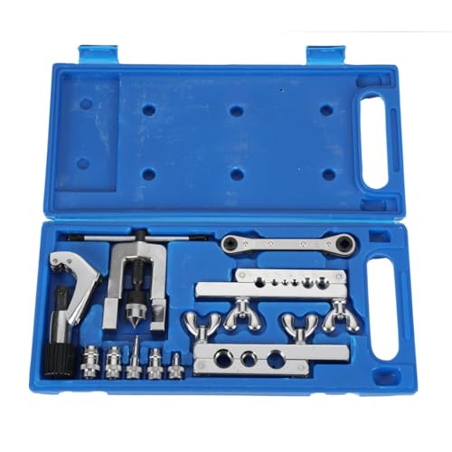 Brake Line Flaring Tool Flaring Tool Kit for Copper Flaring Tool Kit for Copper with Ratchet Wrench and Tubing Cutter for Copper HVAC Water Gas Pipe Brass Magnesium and Soft Steel Lines