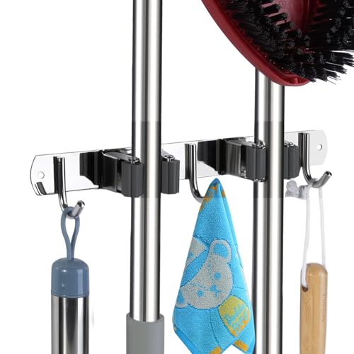 voze 2 Racks and 3 Hooks Mop and Broom Holder Wall Mount, Self Adhesive Heavy Duty Broom Organizer Storage Tool Racks for Kitchen Garden Laundry Garage - color: Silver, size: 2 Racks 3 Hooks