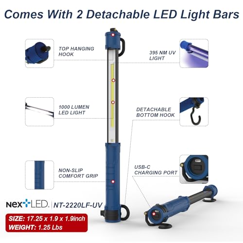 NextLED NT-2220LF-UV LED Underhood Work Light, 2000 Lumen, 8000mAh Rechargeable Battery, UV Light, Detachable Mechanic Under Hood Light Bar, 2 Lights in 1, 51 to 81 Inch, Auto Mechanic/Car Detailing