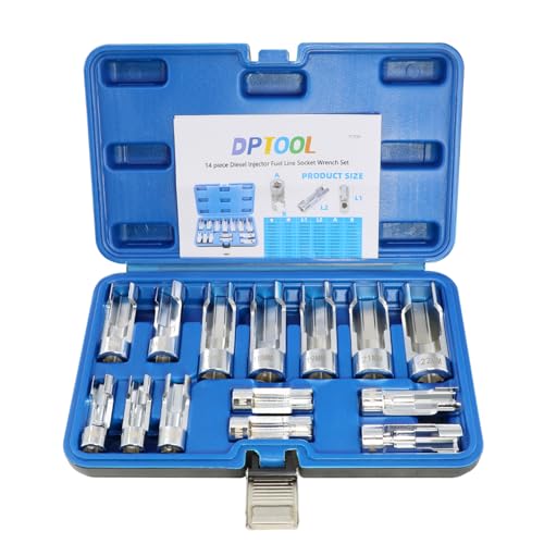 DPTOOL 14pcs Diesel Injector Fuel Line Socket Set Metric 8-22mm Flare Nut Socket Set 3/8" 1/2" Drive 5-Point Avoid Wire Nut Sockets for Wired Temperature Sensor, Thermo Switch, etc