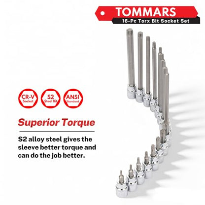 TOMMARS 16-Piece 3/8" Drive Conventional Torx Socket Set | T10, T15, T20, T25, T30, T40, T50, and T55, Long Torx Bit Socket Set ,S2 Alloy Steel - style: Torx Bit Socket