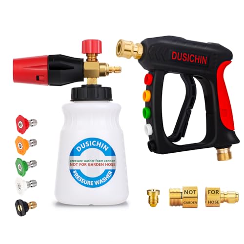 DUSICHIN Foam Cannon Short Pressure Washer Gun 1/4 Inch Quick Connector,5 Pressure Washer Nozzle Tips Car Wash Foam Gun 3/8'' Swivel Quick Connector,M22-14mm M22-15mm Fitting,Not Use with Garden Hose