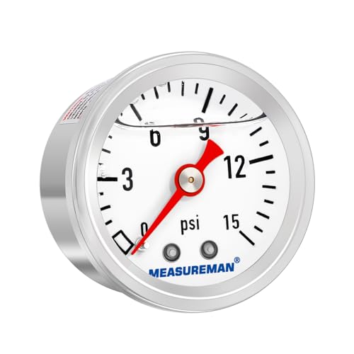 MEASUREMAN 1-1/2" Dial Size, Glycerin Filled Fuel Pressure Gauge, 304 Stainless Steel case, 0-15Psi, 3-2-3%, 1/8" NPT Back Mount - size: 0-15 psi, style: Back Mount