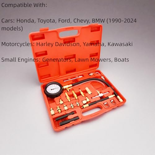 Lucky Seven 0-140PSI Universal Fuel Pressure Tester Kit, Professional Automotive Diagnostic Tool for Car/Truck/Motorcycle, Fuel Injector Pump & Oil System Tester (Gasoline Engine