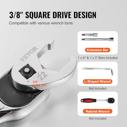 VEVOR 3/8" Drive Crowfoot Wrench Set with 2 Extension Bars, SAE 3/8"-1" and Metric 10-22 mm, CR-MO Steel Crowfoot Wrench Set, 24-Piece Crows Foot Wrench Set,with EVA Tool Organizer