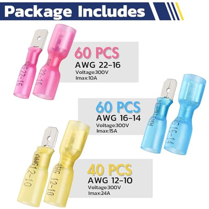 haisstronica 160pcs Heat Shrink Spade Connectors,AWG 22-10 Female and Male Wire Connectors,Quick Disconnect Spade terminals - size: AWG 22-10, style: Male&Female Kit 160PCS