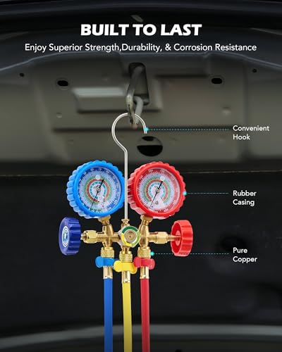 Orion Motor Tech AC Gauge Set, 3-Way AC Manifold Gauge Set for R12 R134a R502 R22 Refrigerant with 5 ft. Hoses, Automotive A/C Gauge with R134a Couplers Self-Sealing & Piercing Can Taps 29° Adapter - size: R134a R22 R12 R502
