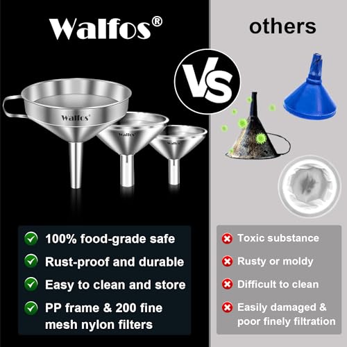 Stainless Steel Funnel, Walfos 3 Different Sizes of Kitchen funnels with 2 Removable Strainer ＆ 1Pcs Cleaning Brush, for Transferring of Liquid, Oils, Jam, Powder - color: 3pcs 5in+4in+3in
