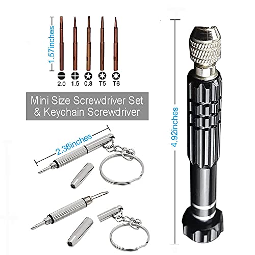 Eyeglass Repair Kit，5-in-1 Multifunctional Small Screwdriver(T6 Torx, T5, 1.5, -2.0, star0.8) & 3-in-1 Mini Keychain Screwdriver Kit for Cellphone, Glasses, Electronics, Watch, Laptop, Jewelry - color: Black