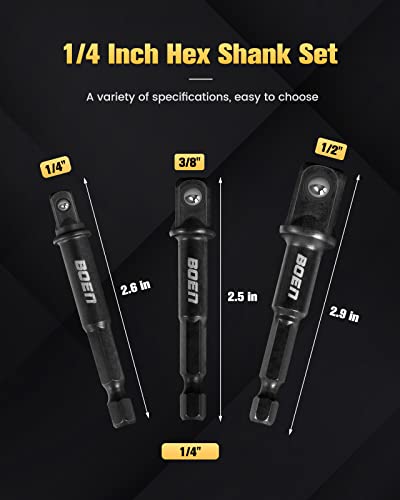 BOEN Impact Grade Socket Adapter Set, 3-PCS Drill Bit Adapter with Bit Holder, Sizes 1/4", 3/8", 1/2", 1/4-Inch SAE Hex Shank, Cr-V with Black Phosphate Finish - size: 3PCS SAE (UPGRADE)