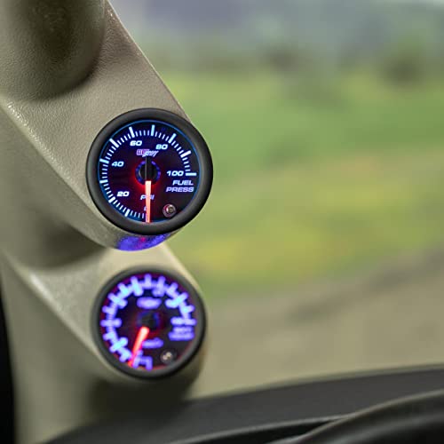 GlowShift Tinted 7 Color 100 PSI Fuel Pressure Gauge Kit, 2-1/16" 52mm | Includes 1/8-27 NPT Electronic Sensor & Wiring, Multi-Color Analog Display, Black Dial, Smoked Lens, For Car & Truck