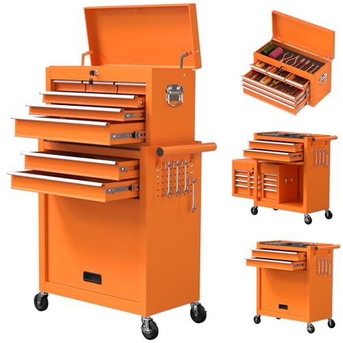 8-Drawer Rolling Tool Chest, High Capacity Removable Tool Storage Cabinet, Detachable Toolbox with Lock for Garage Warehouse and Tool Room (Orange) - color: Orange, size: 8-Drawer
