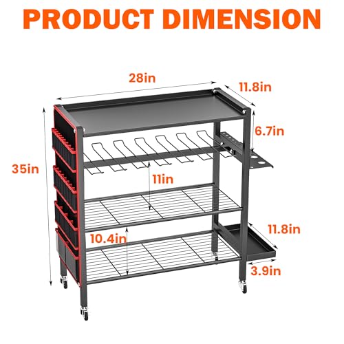 Ultrawall Power Tool Organizer Cart, 4-Tier Rolling Tool Storage Stand with Wheels, Garage Floor Tool Holder with Side Storage Pockets, Gift for Men