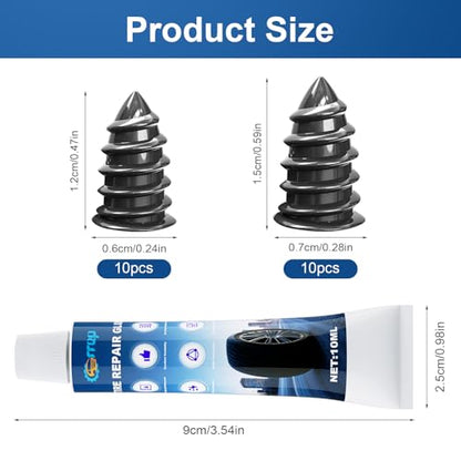 Carrep Tire Repair Rubber Nails Kit, 20 PCS Screw in Tire Plug kit with 2 Sizes, Portable Emergency Tubeless Flat Tire Repair Kit for Cars, SUVs, Motorcycles and ATVs (10S+10L+1X10ML) - size: 10S+10L+1X10ML