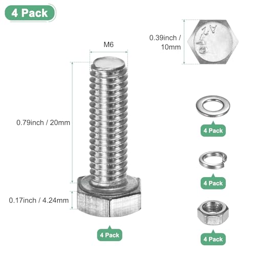 M METERXITY 4-Pack Hex Head Screw Bolt with Nuts Flat & Lock Washers M6x20mm Stainless Steel Bolts and Nuts Kit Fully Threaded Metric Bolt Assortment for Equipment/Machinery - size: M6 x 20mm