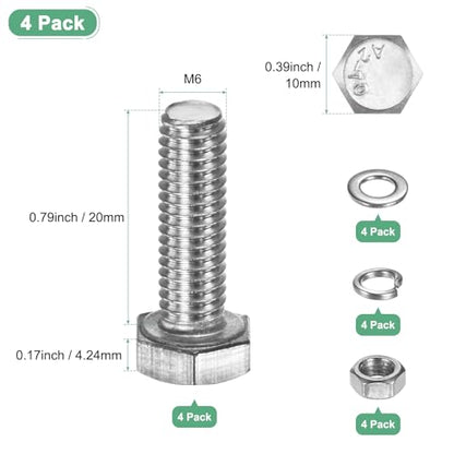 M METERXITY 4-Pack Hex Head Screw Bolt with Nuts Flat & Lock Washers M6x20mm Stainless Steel Bolts and Nuts Kit Fully Threaded Metric Bolt Assortment for Equipment/Machinery - size: M6 x 20mm