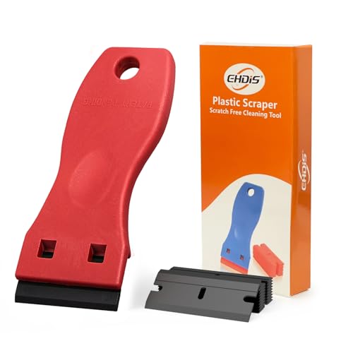 EHDIS 1.5" Plastic Razor Scraper Tool with 10pcs Double Edged Blades for Adhesive Remover,Removing Labels Stickers Decals Taping on Glass Windows (Red) - color: Red