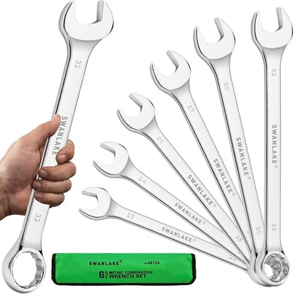 6-Piece All-Purpose Combination Wrench Set, Metric & Standard 23mm, 24mm, 26mm, 27mm, 30mm, 32mm, Heat Treated CR-V, 12-Point Box End Big Wrench Set, Master Long Mechanic Tool Set with Rolling Pouch - style: 6PCS METRIC