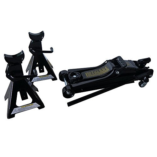 Car Floor Jack 2.5 Ton Steel Hydraulic Low Profile Rapid Pump Lift Tool | Combo with 2 Jack Stands Tire Repair Kit for Garages Automotive Repair Shops Lifting Range 3.3" - 15"