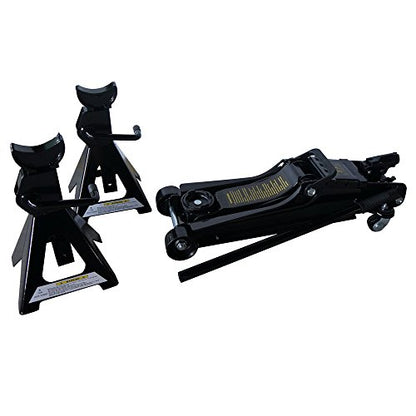 Car Floor Jack 2.5 Ton Steel Hydraulic Low Profile Rapid Pump Lift Tool | Combo with 2 Jack Stands Tire Repair Kit for Garages Automotive Repair Shops Lifting Range 3.3" - 15"