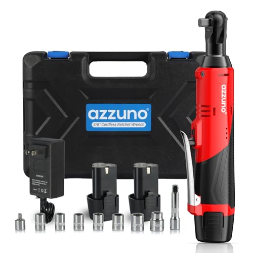 AZZUNO Cordless Electric Ratchet Wrench 3/8 Drive, 30 Ft-lbs Torque & 300 RPM, Power Ratchet Wrench Set With Variable Speed, LED Light, 2 Packs 2.0Ah Battery, Fast Charger, 7 Sockets - color: Red
