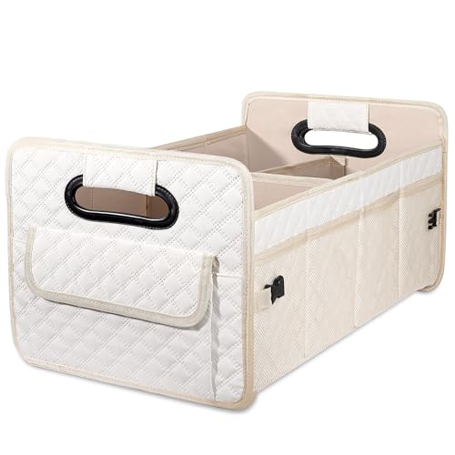 JiatuA Car Trunk Organizer for SUV, Car Storage Organizer Collapsible Multi Compartment Container Box Adjustable Car Accessories for Women Men, Beige | Sturdy, Large Capacity, Diamond Decor, Multi Compartment Container Box Adjustable Car Accessories for S