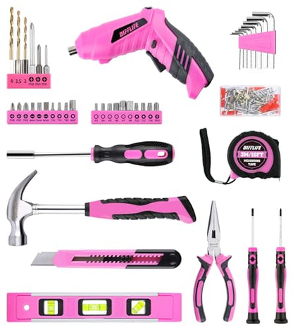 Pink Tool Set for Women, 126-Piece Lady's Power Screwdriver Cordless Rechargeable Set Home Repairing Tool Set with 13-Inch Wide Mouth Open Storage 126PCS 3.6V Electric Screwdriver Tool Bag - style: 126 Piece Pink