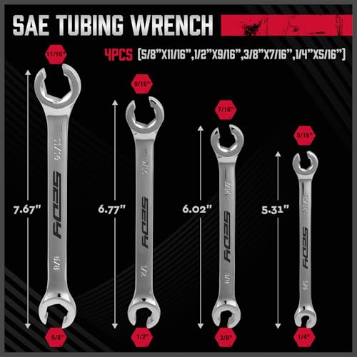 4-Piece Flare Nut Wrench Set - SAE Brake Line Wrench 1/4, 5/16, 3/8, 7/16, 1/2, 9/16, 5/8, 11/16-inch, Professional Offset Heads, Portable Organizer Pouch Included - style: 4-Pc SAE (Flare Nut)
