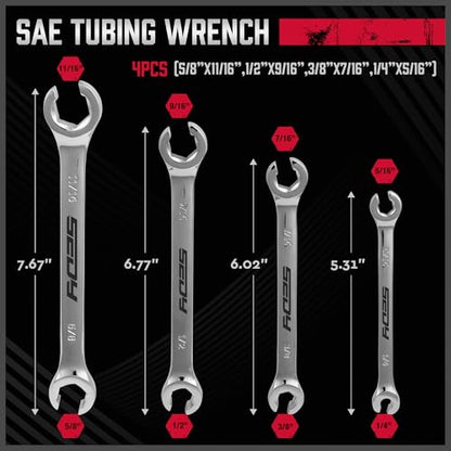 4-Piece Flare Nut Wrench Set - SAE Brake Line Wrench 1/4, 5/16, 3/8, 7/16, 1/2, 9/16, 5/8, 11/16-inch, Professional Offset Heads, Portable Organizer Pouch Included - style: 4-Pc SAE (Flare Nut)
