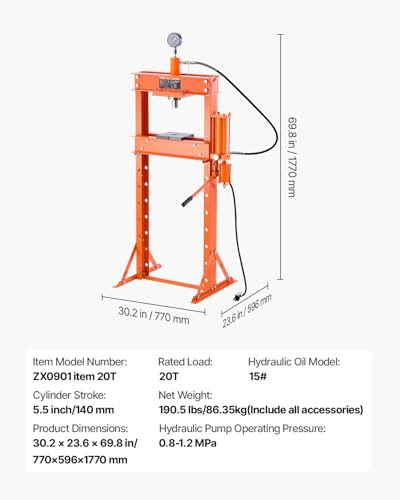 VEVOR Hydraulic Shop Press, 20 T H-Frame Pneumatic Shop Press with Press Plate, Stable Garage Floor Adjustable Hydraulic Press with Triangular Support, Fit for Bending, Straightening & Stamping - size: 20T